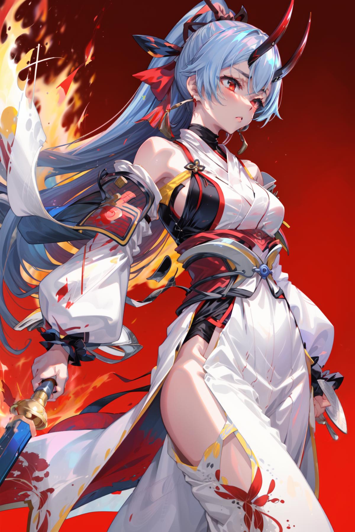 masterpiece,best quality,1girl,tomoe gozen \(fate\),DefaultArcher,FirstOutfit,standing,looking to the side,serious,(flames...